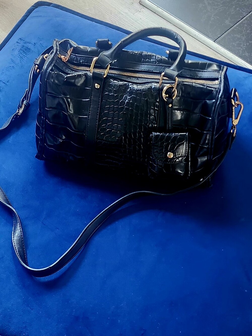 Black Croc-Embossed Barrel Satchel with Removable Strap